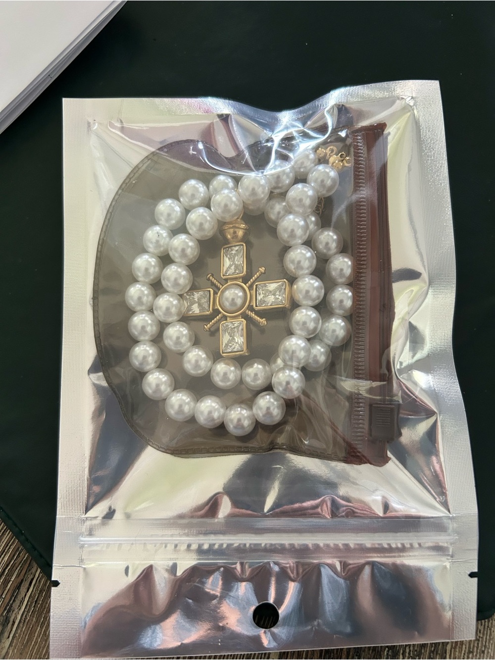 Gold Cross Pendant Pearl Necklace - White